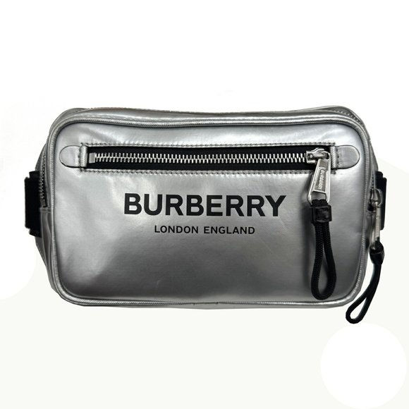 BURBERRY Burberry Body Bag Waist Shoulder Metallic Silver Leather Men Women - Picture 1 of 10
